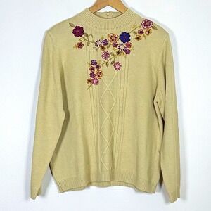 Alfred Dunner Womens Sweater Size L Tan Floral Embroidered  Vintage 90s Grandma